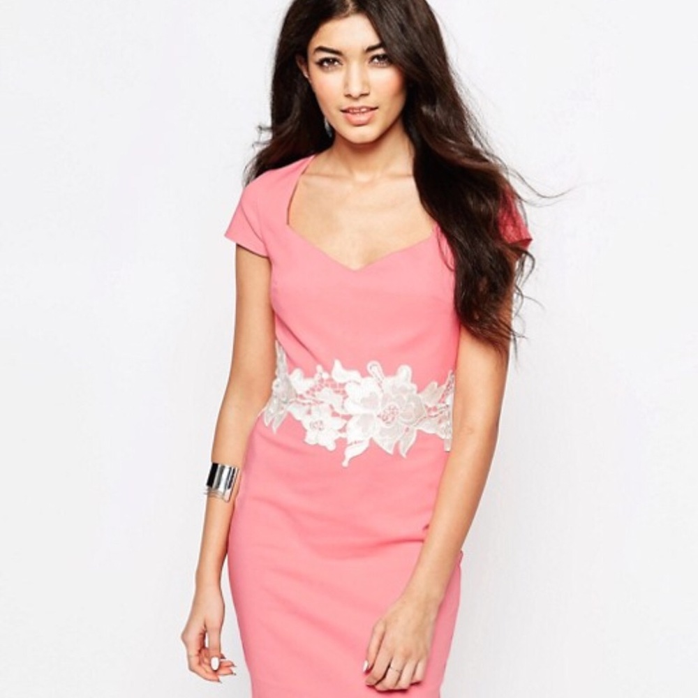 New! Coral Pencil Dress with Lace Detail